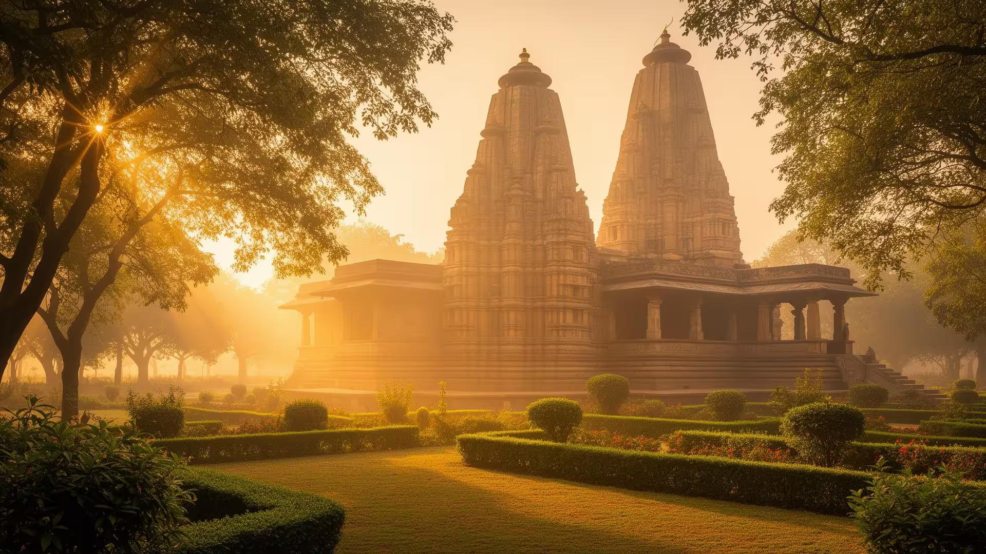 Serene temple at dawn with golden sunlight