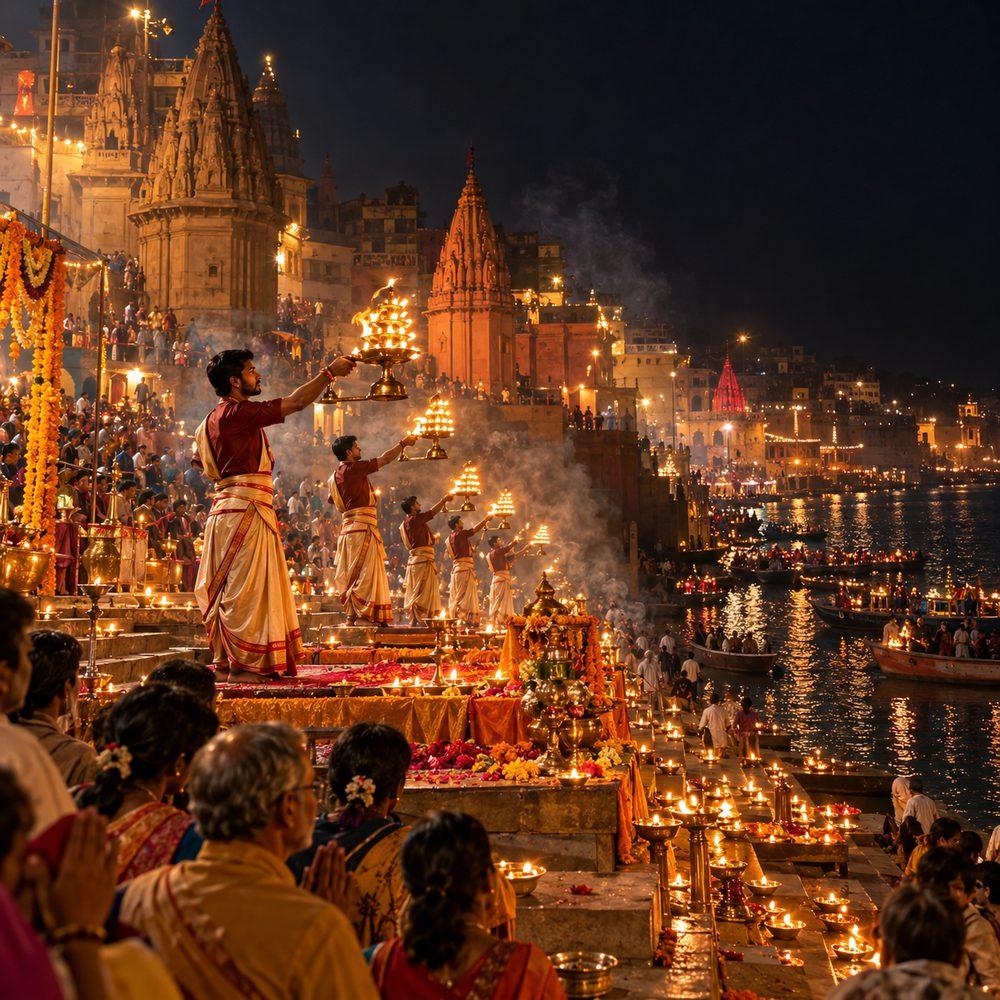 Ganga aarti at the Varanasi ghats at night