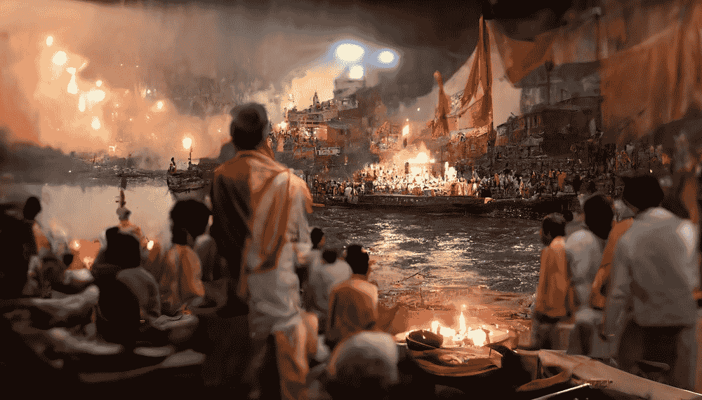 Deity statue with flowers and candles for puja ceremony